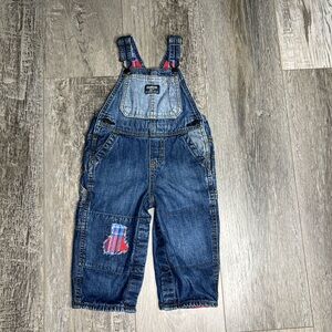 OshKosh B'gosh Medium Wash Flannel Lined Overalls Plaid Knee Patch 18 MOS
